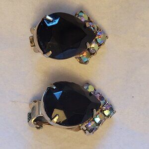 Vintage Black Jet  Rhinestone Clip On Earrings, Silver metal